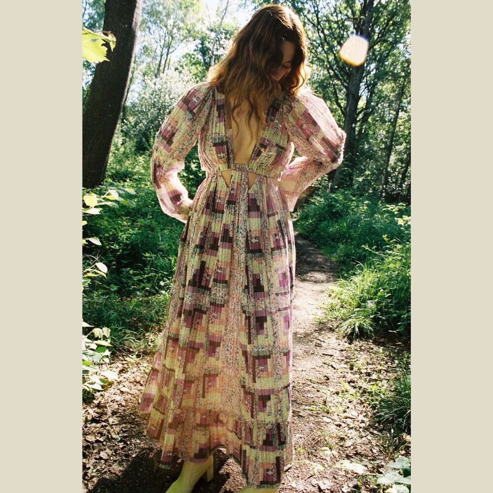 SEA NY Maxi Dress Patchwork Floral Naya Cutout Long Sleeve Pleated Purple XS